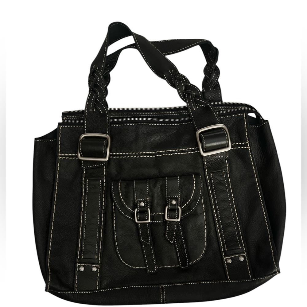 Fossil Large Leather Satchel Purse Braided Strap Messenger Bag Black Leather